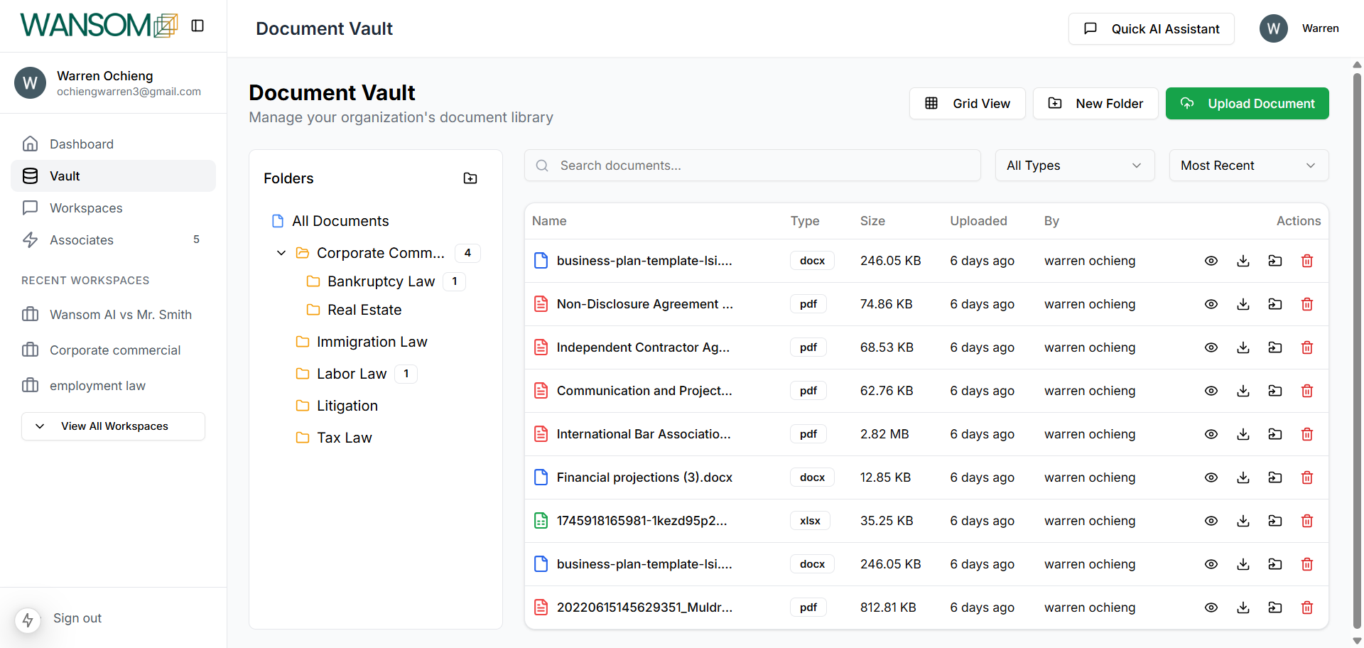 Wansom AI Document Vault showing secure file management, folder organization, and document search capabilities for legal teams